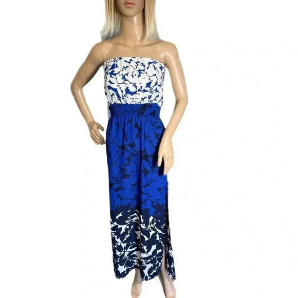 AQUA Blue Navy Floral Long Strapless Boho Slit Maxi Dress Smocked Size XS - Picture 1 of 10